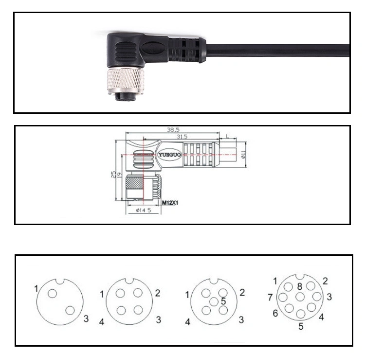 5-Core Black 90 Degree Elbow Round Waterproof M12 Connector